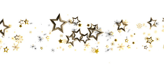 Shining gold stars and snowflakes in a festive arrangement on a white background perfect for holiday greetings and seasonal designs.  Add a touc © vegefox.com