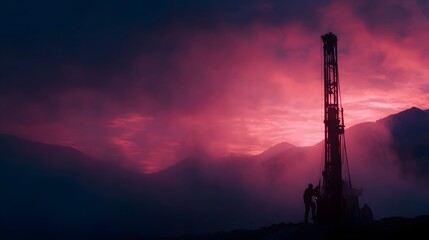 Obraz premium A silhouette of a worker near a drilling rig against a dramatic pink sunrise over mountains