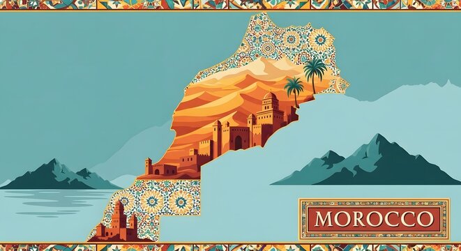 Stylized artistic map of Morocco showcasing a Sahara desert landscape with traditional kasbah architecture and ornate cultural patterns