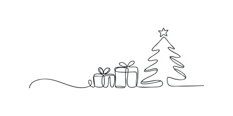 One Line Drawing of Christmas Tree with Gift Boxes and Star