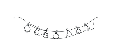 Continuous line drawing of festive Christmas garland with ornaments and trees