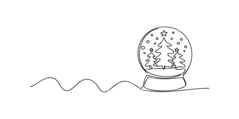 Continuous line drawing of a Christmas snow globe with trees and stars