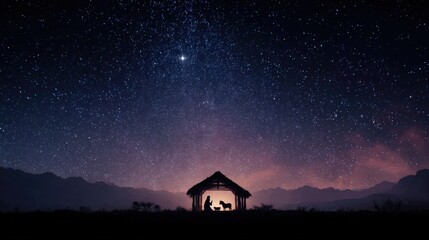 A tranquil nativity scene unfolds under a starlit sky, where a silhouette of a family gathers in a humble stable. ..Created with Generative AI, not depicting real subjects.