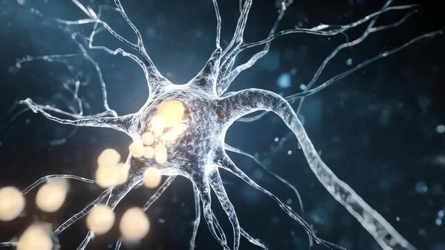 An ultra-realistic slow-motion animation of a neuron firing. An electrical impulse triggers the release of glowing neurotransmitter molecules into the synapse.