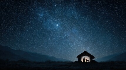 A serene silhouette of a nativity scene set against a breathtaking night sky, with a bright star overhead, captures the peaceful moment. ..Created with Generative AI, not depicting real subjects.