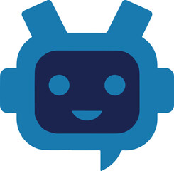 A friendly blue robot head with antennas and a speech bubble isolated on white background