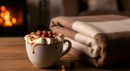 Cozy image of hot chocolate with marshmallows and a warm blanket near a fireplace
