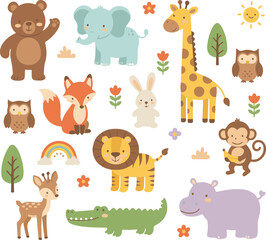 Obraz premium A cute set of cartoon animal vector illustrations featuring a dog, cat, lion, bear, elephant, and giraffe in a zoo collection