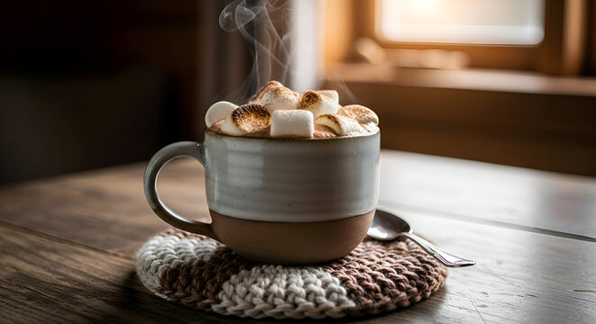 Cozy mug of hot chocolate with toasted marshmallows is a winter comfort scene