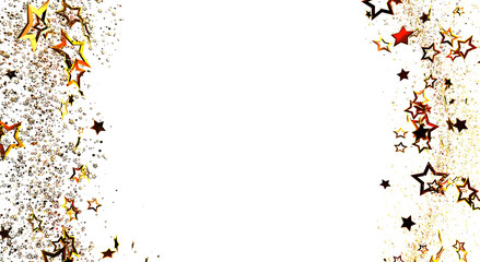 Abstract festive background of gold stars and glitter frame on a white background. Perfect for celebrations, holidays, or events.
