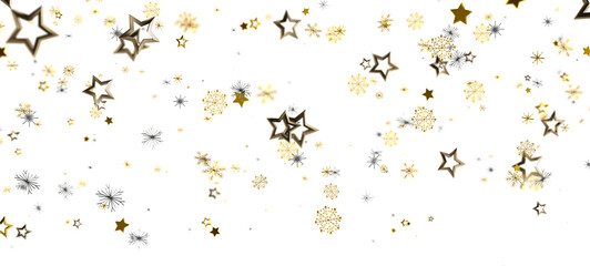 Elegant golden stars and snowflakes scattered on a clean white backdrop. Perfect for holiday designs, celebrations, and festive greetings.