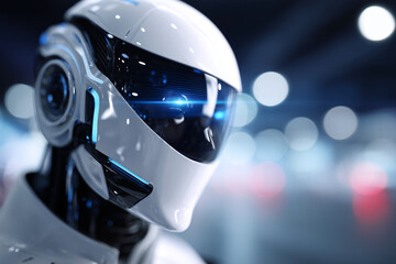 A robot with a white helmet and blue lights on its face