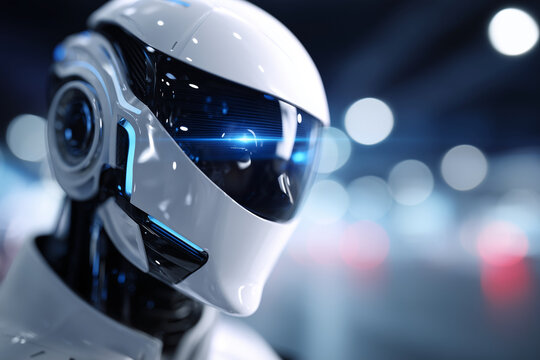 A robot with a white helmet and blue lights on its face