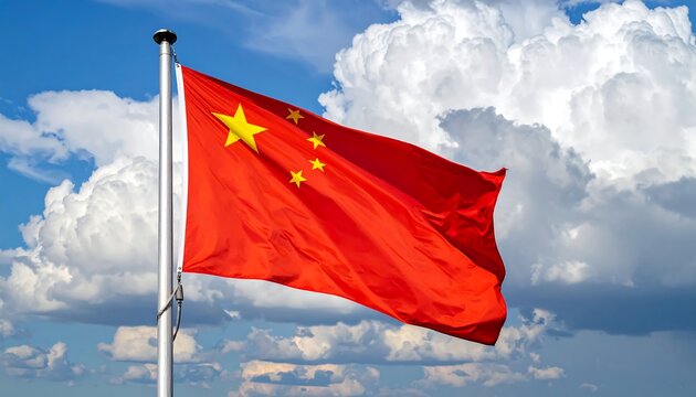 National banner of a country with red field, yellow stars, waving high