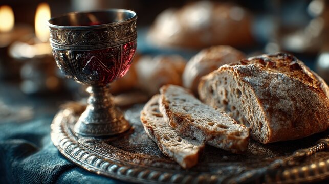 A beautifully illuminated religious still life captures the essence of a serene moment. a chalice filled with wine and sliced bread on a tray.Created with Generative AI, not depicting real subjects.