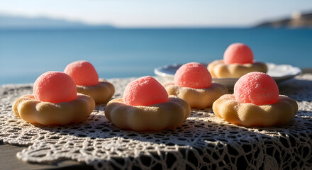 Delicate Sweets Displayed With Beautiful Ocean Backdrop For Delicious Treats