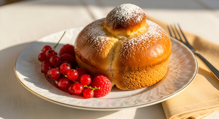 Delicious  brioche bun with red berries on a beautiful plate and a sunny morning
