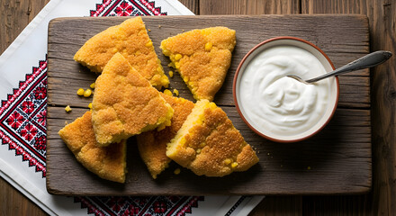 Delicious  Cornbread and Yogurt on a Wooden Board, Appetizing Traditional Meal
