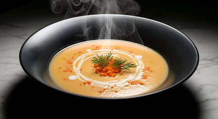 Delicious  Creamy  Soup Served Hot, Garnished Beautifully With Fresh Herbaceous Element