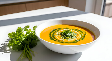 Delicious  Creamy Vegetable Soup Garnished With Fresh Herbs On A Bright Table