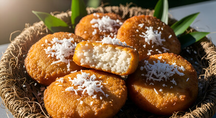 Delicious  Indonesian kue kembang loyang in woven basket sprinkled with coconut