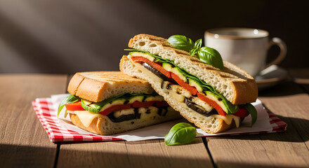 Delicious  sandwich with vegetables and a cup of coffee on a wooden table