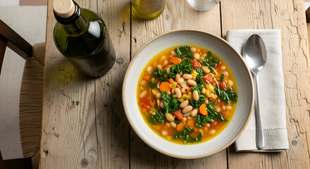 Delicious  Soup With Beans and Kale on a Rustic Wooden Table, Ready to Eat