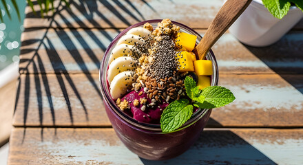 Delicious Acai Bowl With Fresh Fruits And Nutritious Ingredients On Wooden Table