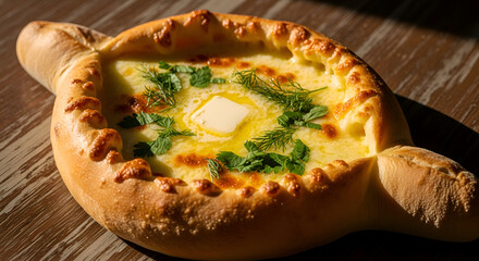 Delicious Adjarian Khachapuri: A Close-Up View of the Traditional Georgian Bread Dish
