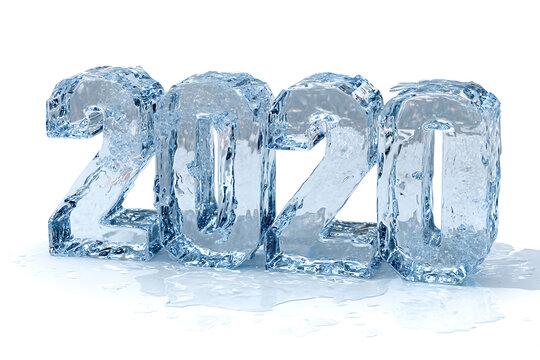 Melting ice numbers 2020 symbolize the passage of time and the start of a new year with a cool, refreshing aesthetic.