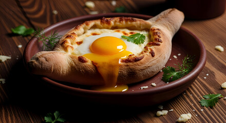 Delicious Adjarian Khachapuri on a Wooden Table with Fresh Herbs and Cheese