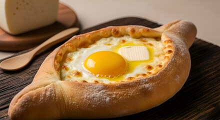 Delicious Adjarian Khachapuri with a Sunny Egg and Fresh Ingredients Close-up View