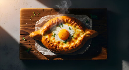 Delicious Adjarian Khachapuri with an Egg on a Wooden Board with Shadow