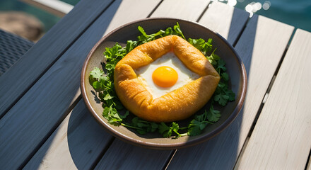 Delicious Adjarian Khachapuri with Egg Yolk Served on Wooden Table Outdoors Near the Sea