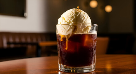 Delicious Affogato Dessert with Vanilla Ice Cream and Espresso Coffee in a Glass