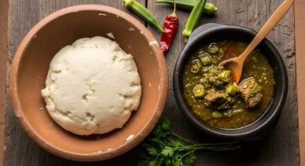 Delicious African Cuisine: Fufu with Okra Soup and Ingredients on a Wooden Table