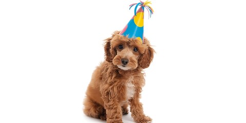 Festive Brown Dog Wearing Colorful Party Hat on White Background