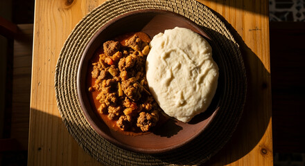 Delicious African Cuisine: A Hearty Stew and Soft Dumpling on Wooden Table