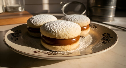 Delicious alfajores cookies dusted with powdered sugar on a vintage plate ready to eat