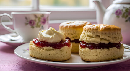 Delicious Afternoon Tea: Scones with Jam and Cream alongside a Floral Decorated Teacup