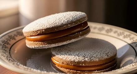 Delicious alfajores cookies filled with dulce de leche,  dessert on a plate for food lovers