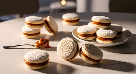 Delicious alfajores cookies with dulce de leche, a sweet dessert, on a white table