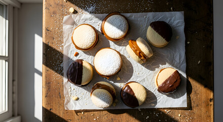 Delicious alfajores cookies with dulce de leche and chocolate on top over a wooden table