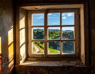 An aged window offers a picturesque view of rolling green hills and a blue sky