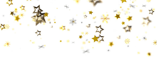 Festive background of falling golden stars and snowflakes on white. Perfect for Christmas, New Year, celebration, and holiday designs.