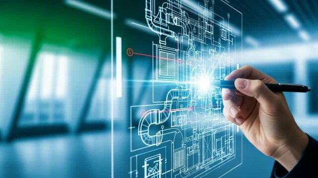 Engineers hand drawing a complex blueprint on a futuristic interface