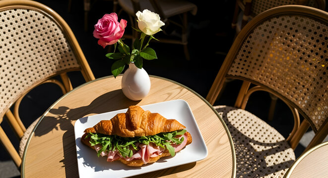 Croissant sandwich with flowers on a table in a cafe, natural sunny light, delicious food