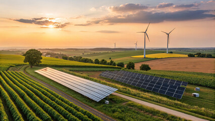 Aerial view of renewable energy landscape with solar panels and wind turbines on farmland at sunset, symbolizing sustainable power and green technology.