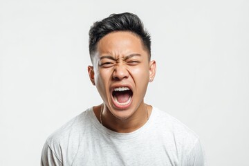 Fototapeta premium Portrait of a young Asian man showing feelings against a white backdrop