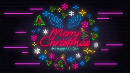 Neon Christmas looping animation in 4K featuring glowing “Merry Christmas and Happy New Year” text with snowflakes, stars, and holly leaves on dark brick background. Perfect for festive greetings. - Powered by Adobe